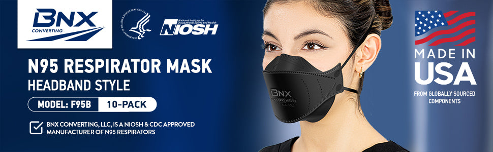 BNX N95 Mask Black NIOSH Certified MADE IN USA Particulate Respirator Protective Face Mask, Tri-Fold Cup/Fish Style, (10-Pack, Approval Number TC-84A-9362 / Model F95B) (Headband) Black