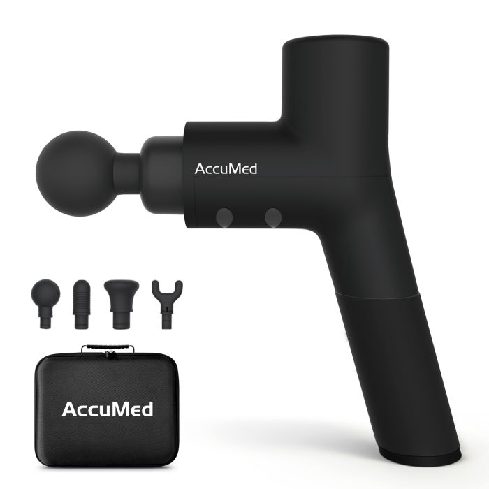 AccuMed Muscle Gun Massager - Super Quiet Back Massager Percussion Massager - Handheld Cordless Massager - Includes 4 Interchangeable Massage Heads and Travel Case (AC-GM8806)