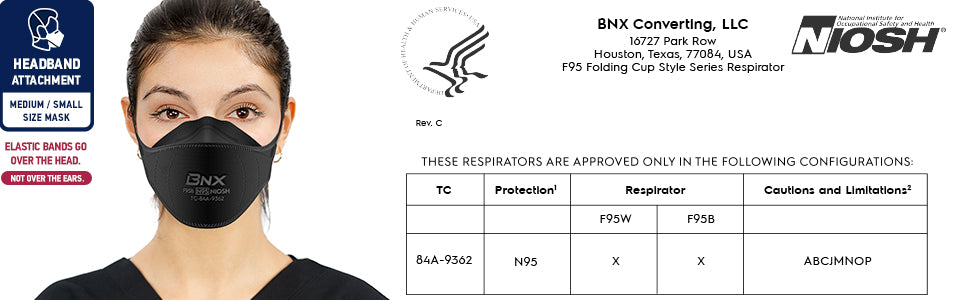 BNX N95 Mask Black NIOSH Certified MADE IN USA Particulate Respirator Protective Face Mask, Tri-Fold Cup/Fish Style, (10-Pack, Approval Number TC-84A-9362 / Model F95B) (Headband) Black
