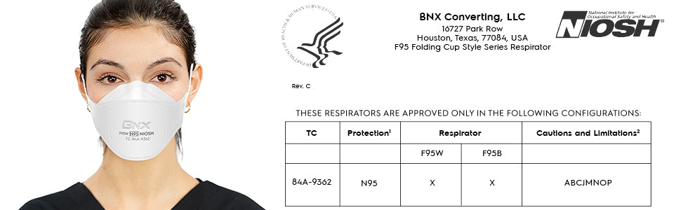 BNX N95 Mask NIOSH Certified MADE IN USA Particulate Respirator Protective Face Mask, Tri-Fold Cup/Fish Style, (10-Pack, Approval Number TC-84A-9362 / Model F95W) White