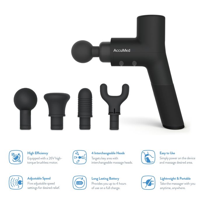 AccuMed Muscle Gun Massager - Super Quiet Back Massager Percussion Massager - Handheld Cordless Massager - Includes 4 Interchangeable Massage Heads and Travel Case (AC-GM8806)