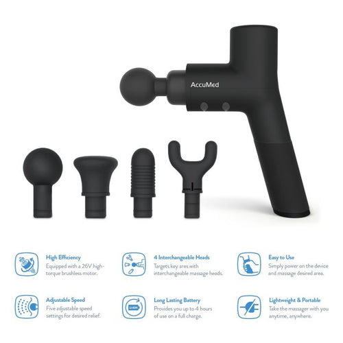 AccuMed Muscle Gun Massager - Super Quiet Back Massager Percussion Massager - Handheld Cordless Massager - Includes 4 Interchangeable Massage Heads and Travel Case (AC-GM8806)