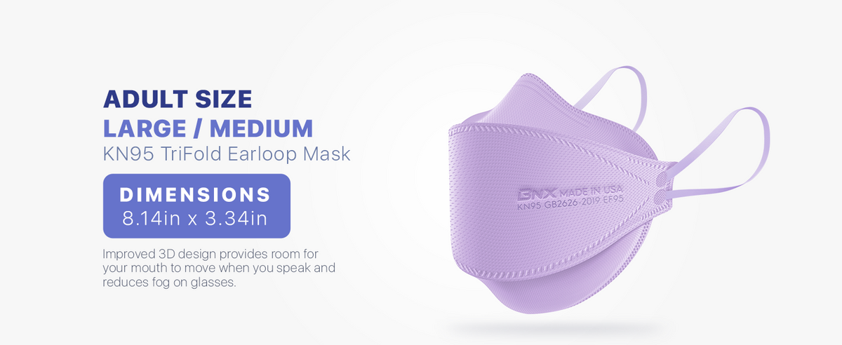 BNX 20-Pack KN95 Face Masks, Disposable Particulate KN95 Mask Made in USA, Tri-Fold Cup/Fish Style, White