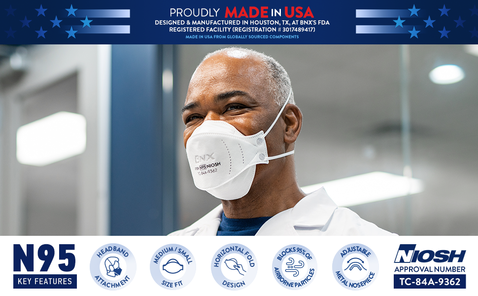 BNX N95 Mask NIOSH Certified MADE IN USA Particulate Respirator Protective Face Mask, Tri-Fold Cup/Fish Style, (50-Pack, Approval Number TC-84A-9362 / Model F95W) White