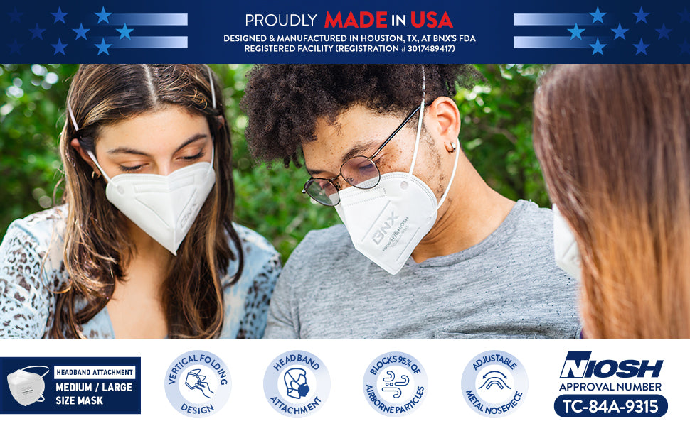 BNX N95 Mask NIOSH Certified MADE IN USA Particulate Respirator Protective Face Mask (10-Pack, Approval Number TC-84A-9315 / Model H95W) White