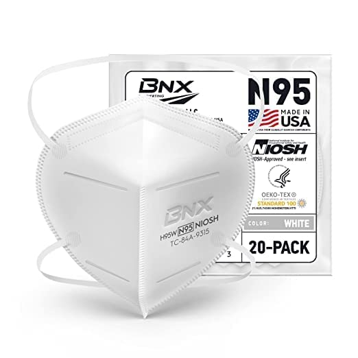 BNX N95 Mask NIOSH Certified MADE IN USA Particulate Respirator Protective Face Mask, Tri-Fold Cup/Fish Style, (20-Pack, Approval Number TC-84A-9362 / Model F95W) White