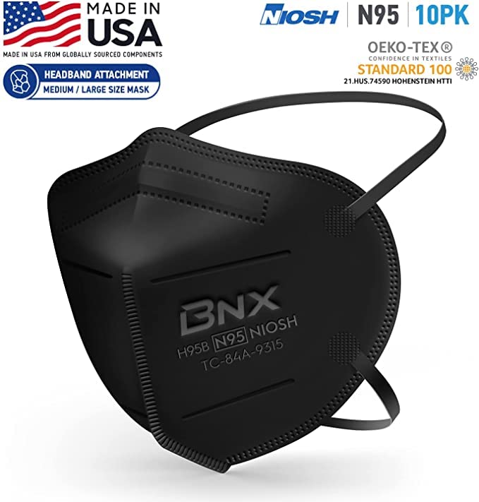BNX N95 Mask NIOSH Certified MADE IN USA Particulate Respirator Protective Face Mask (10-Pack, Approval Number TC-84A-9315 / Model H95B) Black