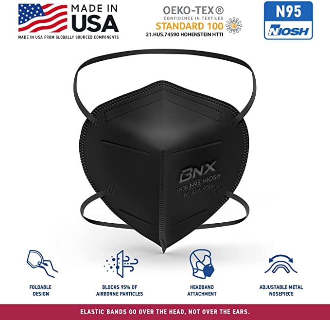 BNX N95 Mask NIOSH Certified MADE IN USA Particulate Respirator Protective Face Mask (10-Pack, Approval Number TC-84A-9315 / Model H95B) Black