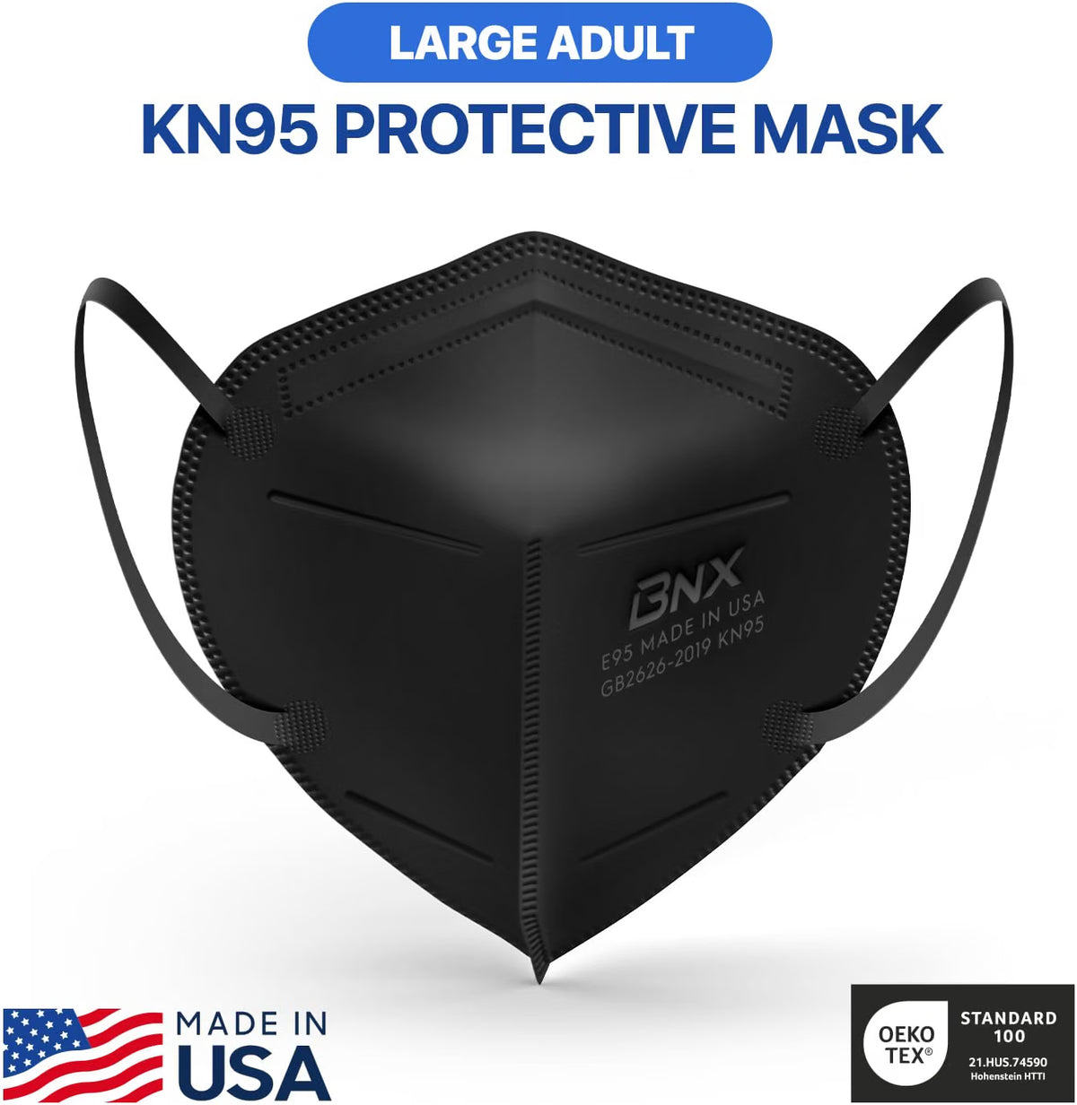 BNX 20-Pack KN95 Face Mask, Disposable Particulate KN95 Mask Made in USA, Protection Against Dust, Pollen and Haze (20 Pack) (Earloop) (Model: E95) Black, Size: Adult Large