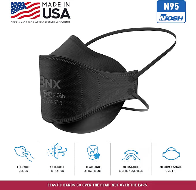 BNX N95 Mask Black NIOSH Certified MADE IN USA Particulate Respirator Protective Face Mask, Tri-Fold Cup/Fish Style, (10-Pack, Approval Number TC-84A-9362 / Model F95B) (Headband) Black