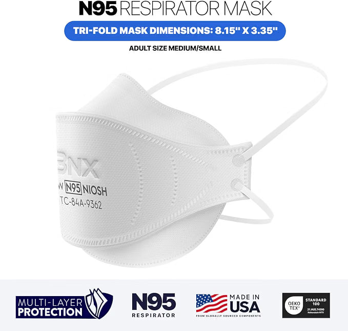 BNX N95 Mask NIOSH Certified MADE IN USA Particulate Respirator Protective Face Mask, Tri-Fold Cup/Fish Style, (10-Pack, Approval Number TC-84A-9362 / Model F95W) White