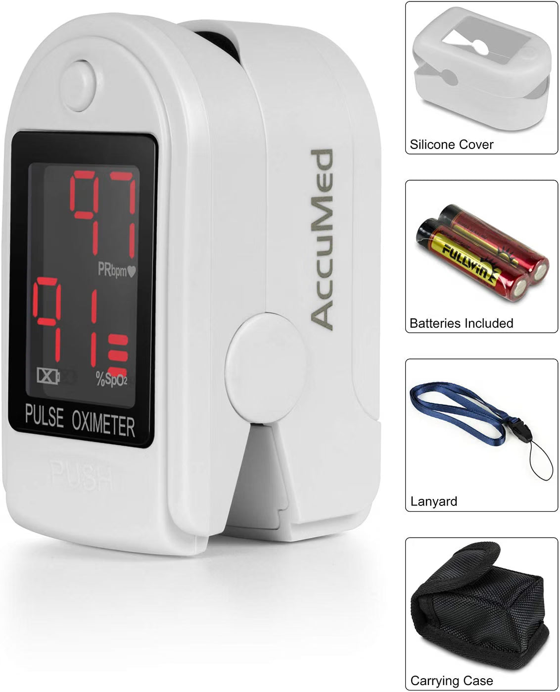 AccuMed CMS-50DL Finger Pulse Oximeter Blood Oxygen SpO2 Sports and Aviation Monitor - White