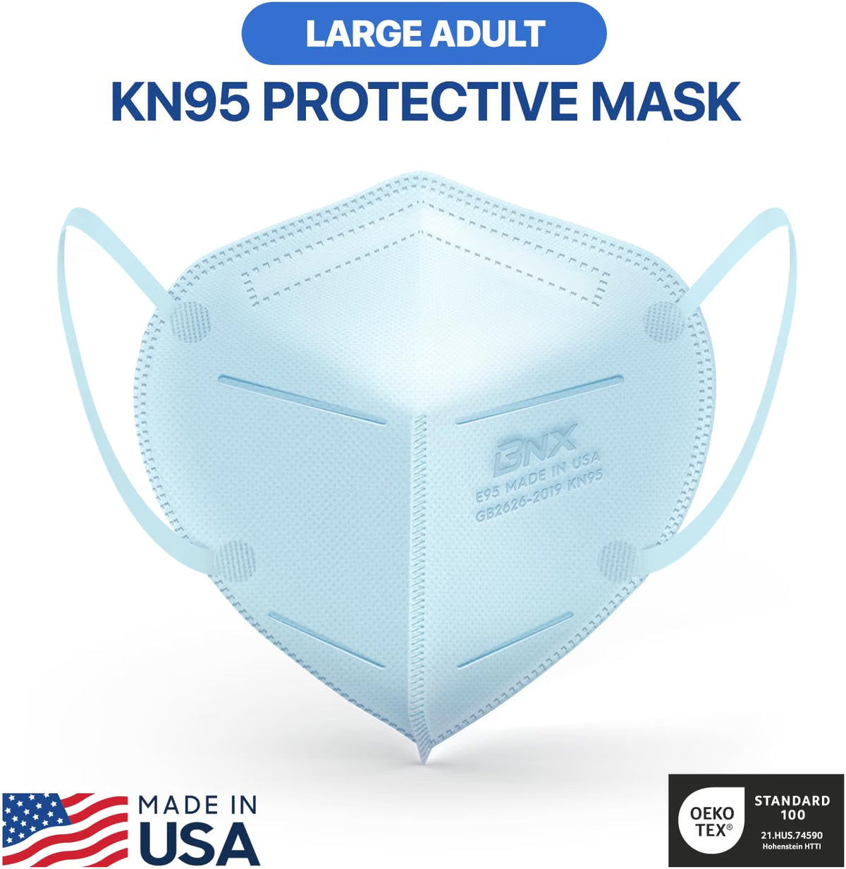 BNX 20-Pack KN95 E95 Protective Face Mask, Disposable Particulate Mask Made in USA, Protection Against Dust, Pollen and Haze, Light Blue (20 Pack) (Earloop) (Model: E95) Adult Large