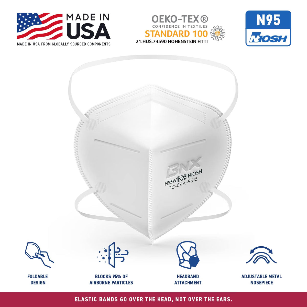 BNX N95 Mask NIOSH Certified MADE IN USA Particulate Respirator Protective Face Mask, Tri-Fold Cup/Fish Style, (20-Pack, Approval Number TC-84A-9362 / Model F95W) White