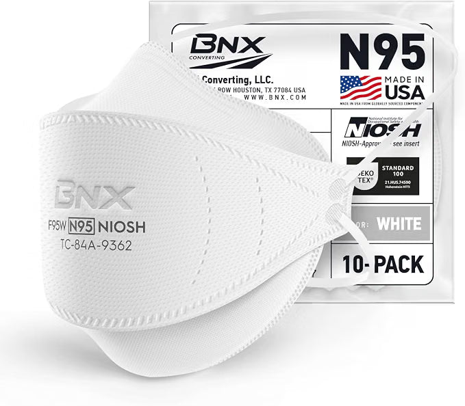 BNX N95 Mask NIOSH Certified MADE IN USA Particulate Respirator Protective Face Mask, Tri-Fold Cup/Fish Style, (10-Pack, Approval Number TC-84A-9362 / Model F95W) White