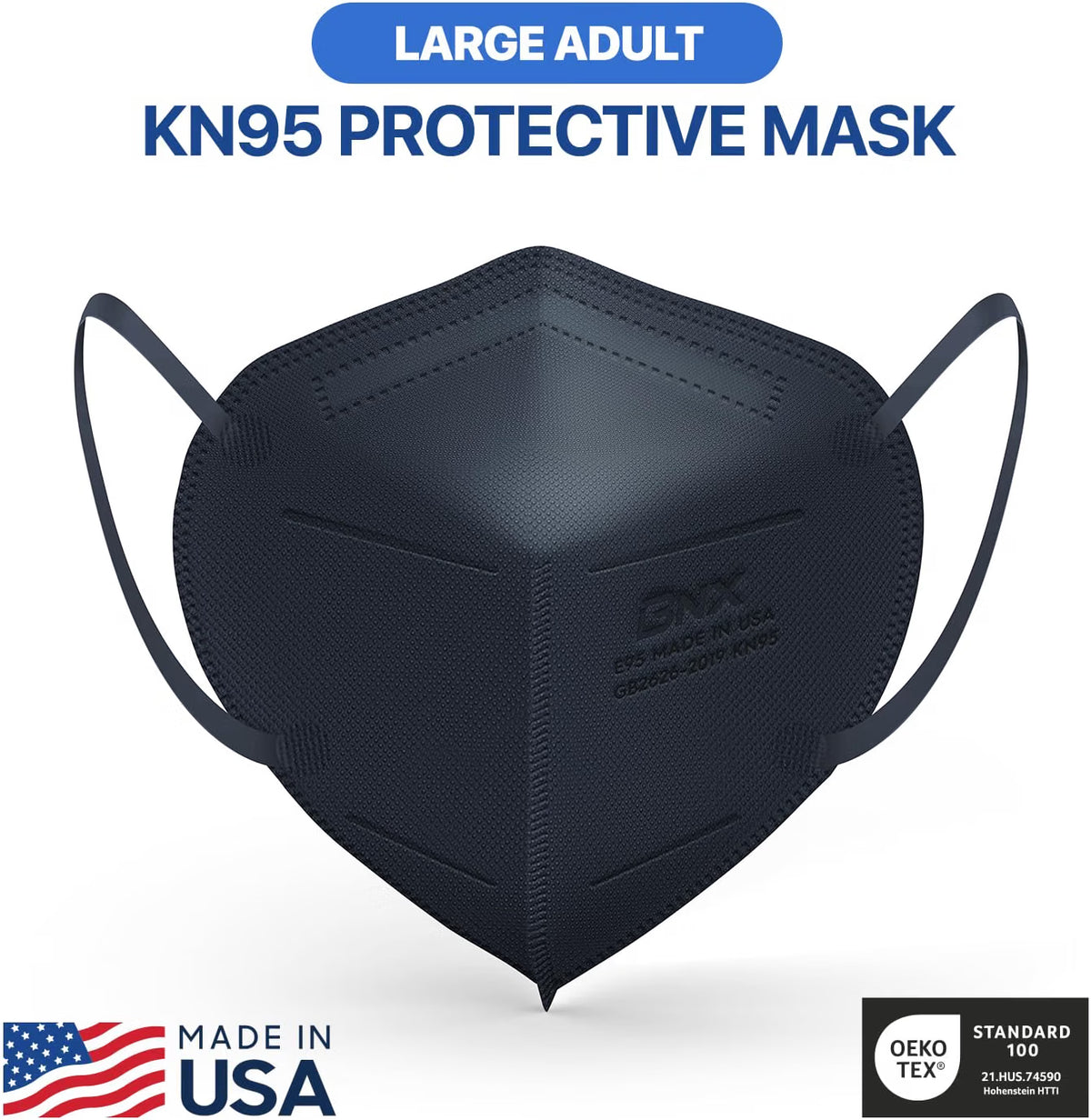 BNX 20-Pack KN95 E95 Protective Face Mask, Disposable Particulate Mask Made in USA, Protection Against Dust, Pollen and Haze, Navy (20 Pack) (Earloop) (Model: E95) Adult Large