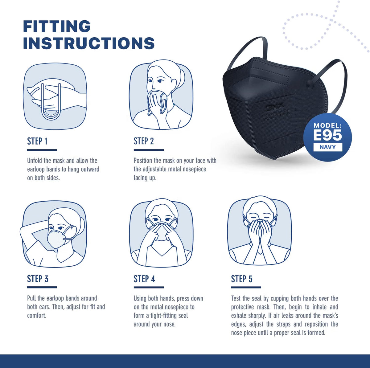 BNX 20-Pack KN95 E95 Protective Face Mask, Disposable Particulate Mask Made in USA, Protection Against Dust, Pollen and Haze, Navy (20 Pack) (Earloop) (Model: E95) Adult Large