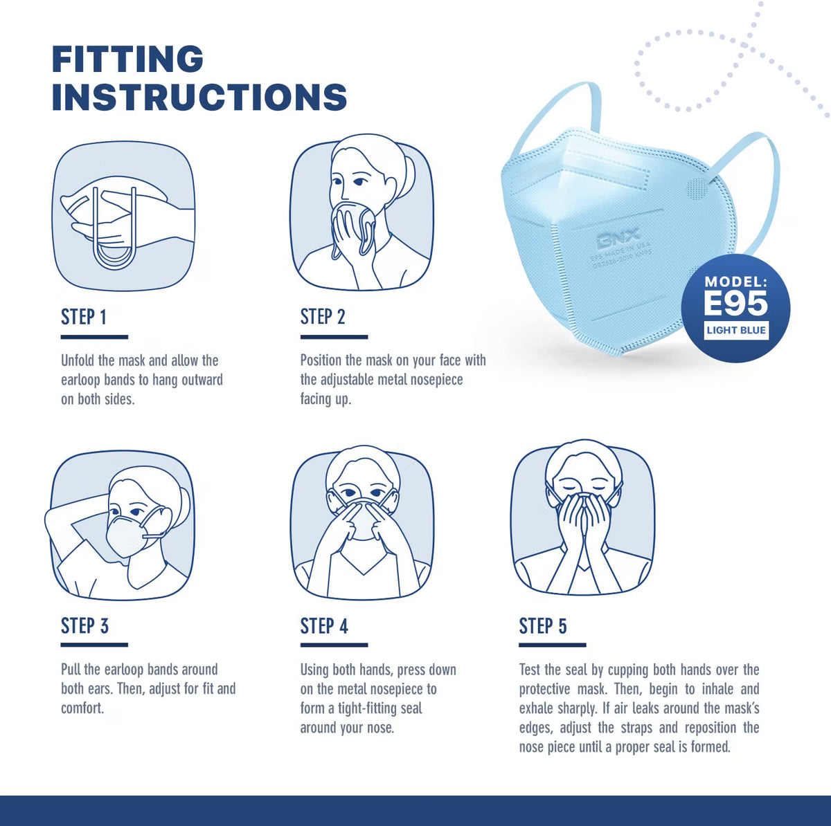 BNX 20-Pack KN95 E95 Protective Face Mask, Disposable Particulate Mask Made in USA, Protection Against Dust, Pollen and Haze, Light Blue (20 Pack) (Earloop) (Model: E95) Adult Large