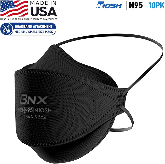 BNX N95 Mask Black NIOSH Certified MADE IN USA Particulate Respirator Protective Face Mask, Tri-Fold Cup/Fish Style, (10-Pack, Approval Number TC-84A-9362 / Model F95B) (Headband) Black