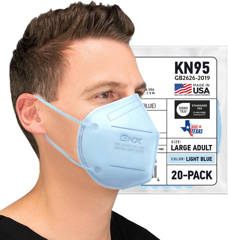 BNX 20-Pack KN95 E95 Protective Face Mask, Disposable Particulate Mask Made in USA, Protection Against Dust, Pollen and Haze, Light Blue (20 Pack) (Earloop) (Model: E95) Adult Large