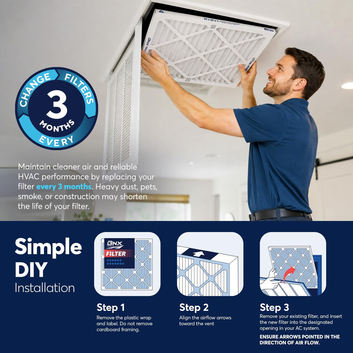 BNX TruFilter 20x20x1 Air Filter MERV 13 (6-Pack) - MADE IN USA - Electrostatic Pleated Air Conditioner HVAC AC Furnace Filters for Allergies, Pollen, Mold, Bacteria, Smoke, Allergen, MPR 1900 FPR 10