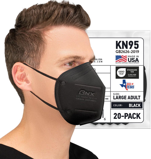 BNX 20-Pack KN95 Face Mask, Disposable Particulate KN95 Mask Made in USA, Protection Against Dust, Pollen and Haze (20 Pack) (Earloop) (Model: E95) Black, Size: Adult Large