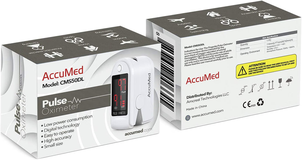 AccuMed CMS-50DL Finger Pulse Oximeter Blood Oxygen SpO2 Sports and Aviation Monitor - White