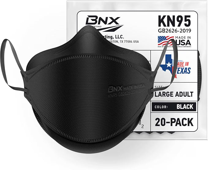 BNX 20-Pack KN95 Face Masks, Disposable Particulate KN95 Mask Made in USA, Tri-Fold Cup/Fish Style, Black