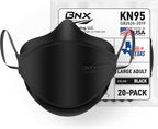 BNX 20-Pack KN95 Face Masks, Disposable Particulate KN95 Mask Made in USA, Tri-Fold Cup/Fish Style, Black
