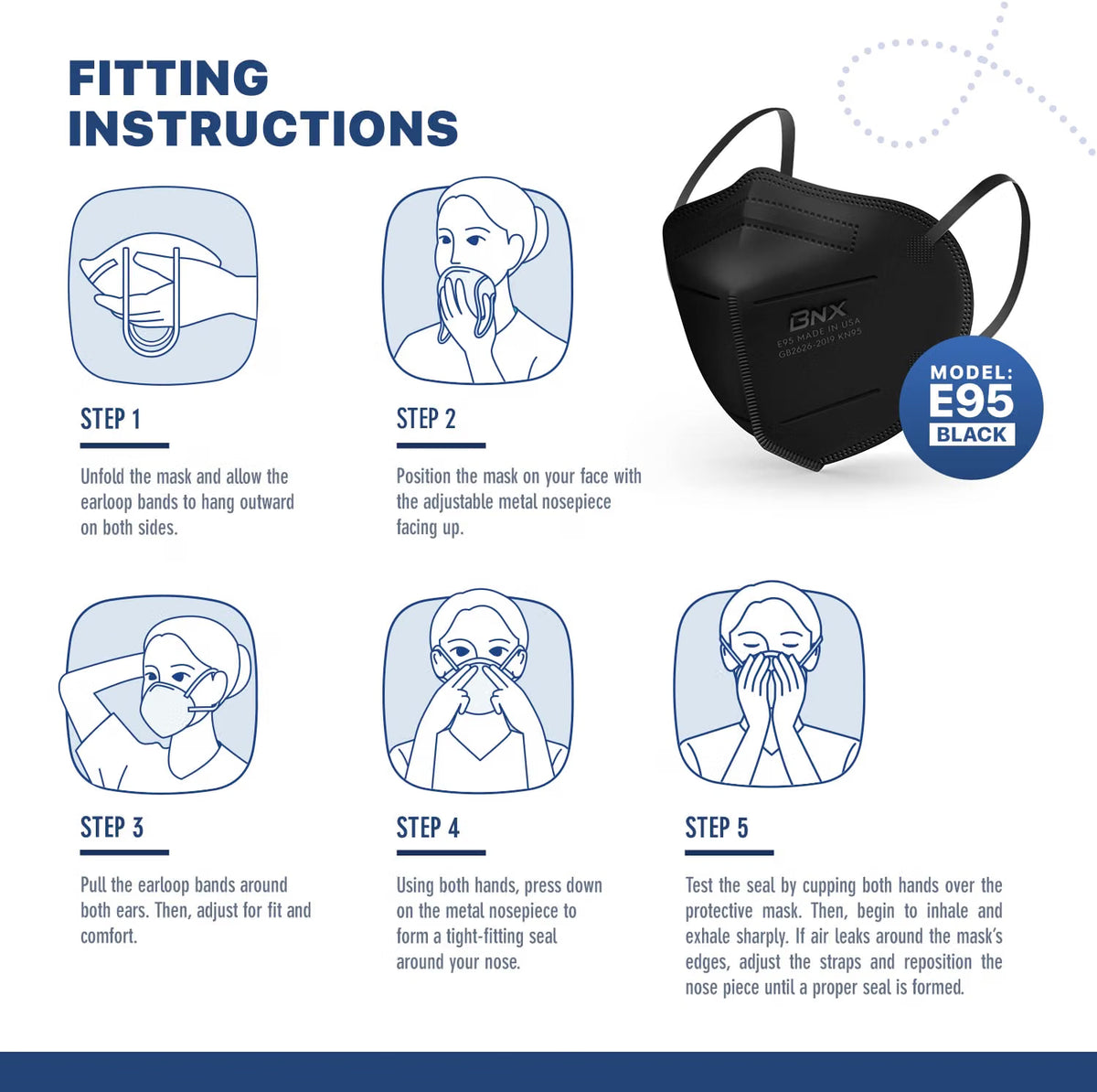 BNX 20-Pack KN95 Face Mask, Disposable Particulate KN95 Mask Made in USA, Protection Against Dust, Pollen and Haze (20 Pack) (Earloop) (Model: E95) Black, Size: Adult Large