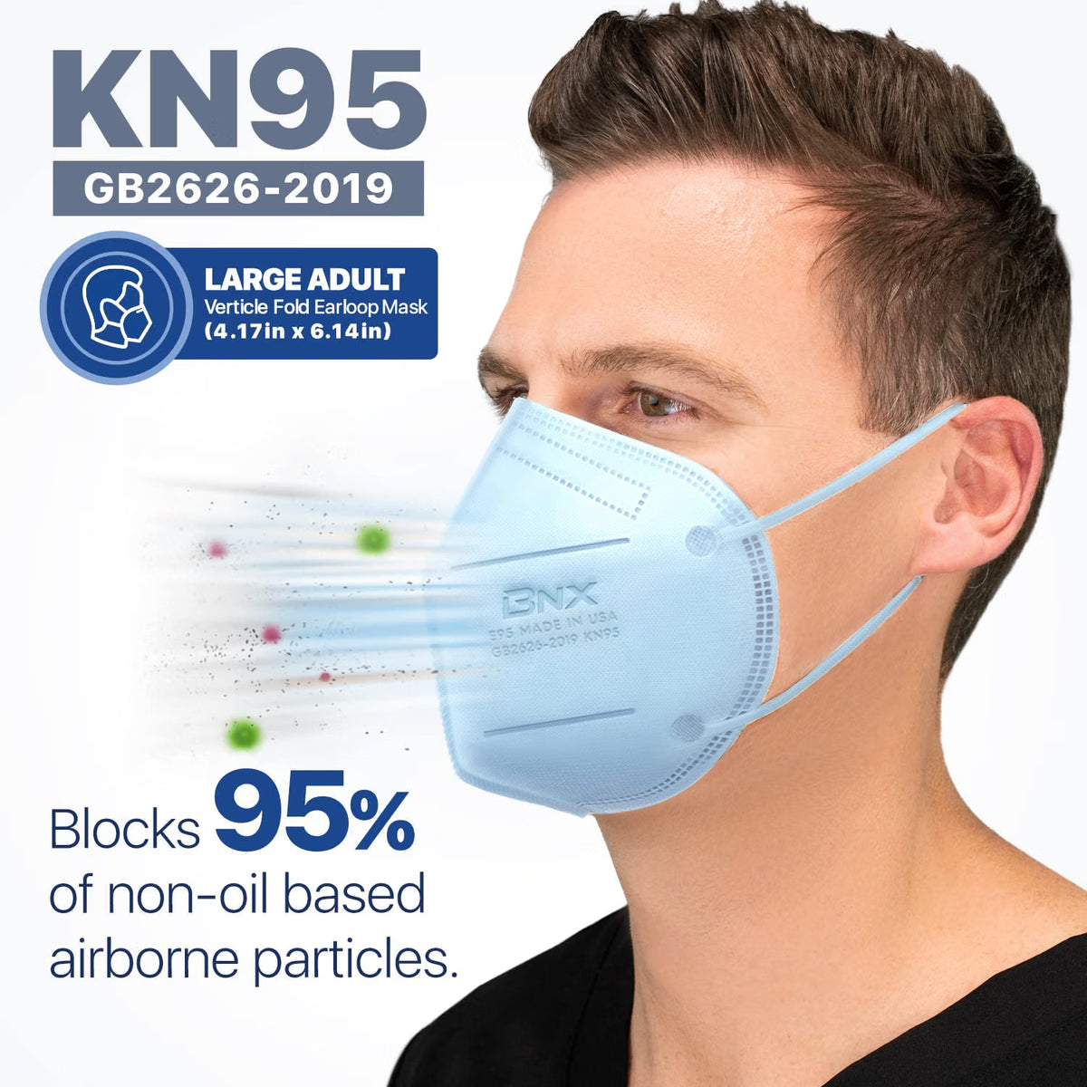 BNX 20-Pack KN95 E95 Protective Face Mask, Disposable Particulate Mask Made in USA, Protection Against Dust, Pollen and Haze, Light Blue (20 Pack) (Earloop) (Model: E95) Adult Large