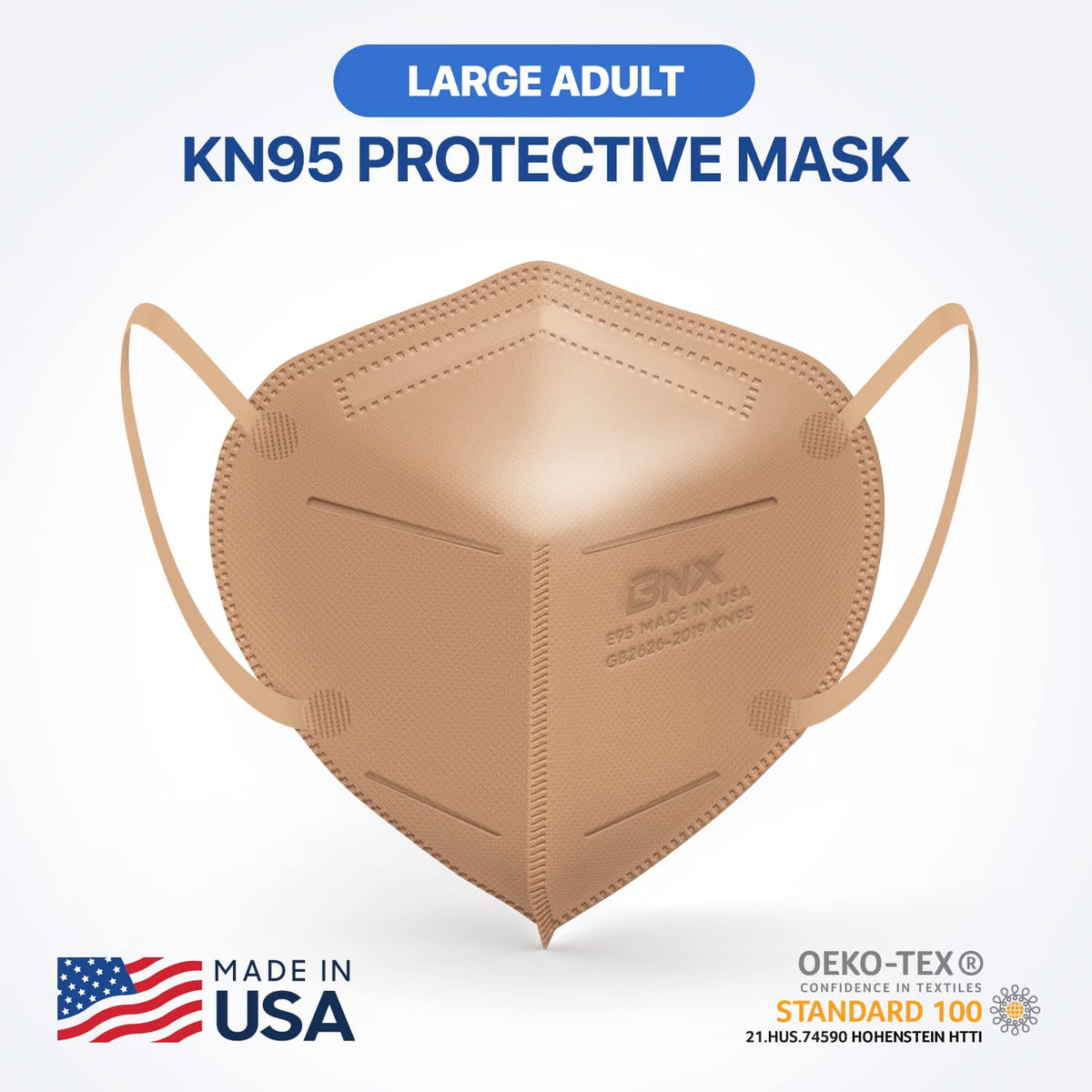 BNX 20-Pack KN95 E95 Protective Face Mask, Disposable Particulate Mask Made in USA, Protection Against Dust, Pollen and Haze, Tan (20 Pack) (Earloop) (Model: E95) Adult Large
