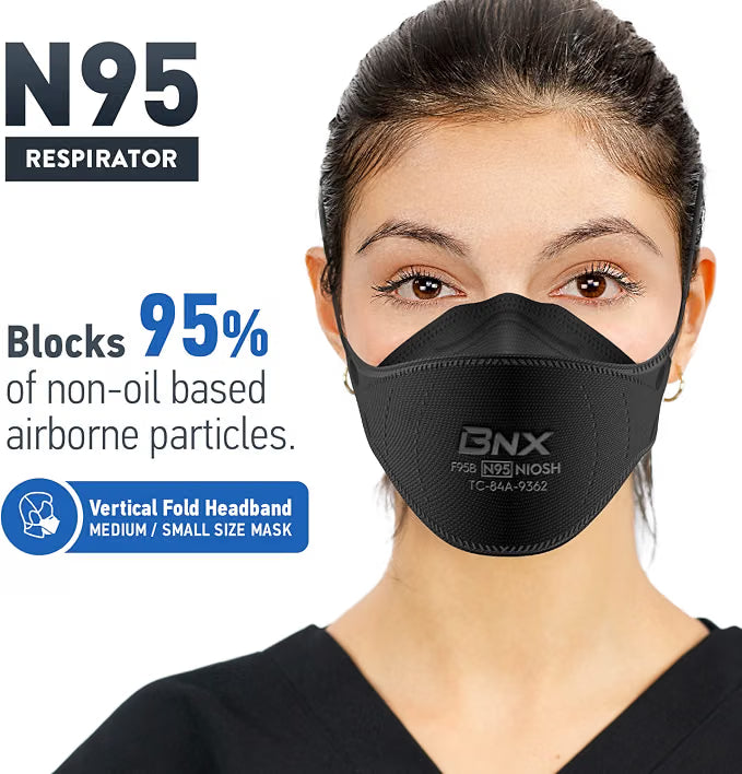 BNX N95 Mask Black NIOSH Certified MADE IN USA Particulate Respirator Protective Face Mask, Tri-Fold Cup/Fish Style, (10-Pack, Approval Number TC-84A-9362 / Model F95B) (Headband) Black
