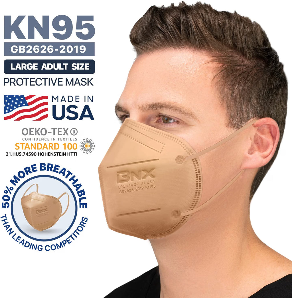 BNX 20-Pack KN95 E95 Protective Face Mask, Disposable Particulate Mask Made in USA, Protection Against Dust, Pollen and Haze, Tan (20 Pack) (Earloop) (Model: E95) Adult Large
