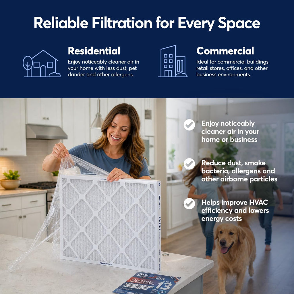 BNX TruFilter 20x25x1 MERV 13 Pleated Air Filter - Made in USA - Electrostatic Charged HVAC AC Furnace Filters - Removes Pollen, Mold, Bacteria, Smoke (6 Pack)
