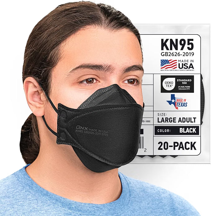 BNX 20-Pack KN95 Face Masks, Disposable Particulate KN95 Mask Made in USA, Tri-Fold Cup/Fish Style, Black