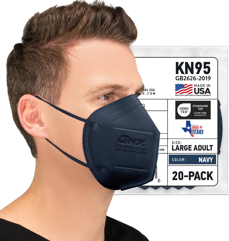 BNX 20-Pack KN95 E95 Protective Face Mask, Disposable Particulate Mask Made in USA, Protection Against Dust, Pollen and Haze, Navy (20 Pack) (Earloop) (Model: E95) Adult Large