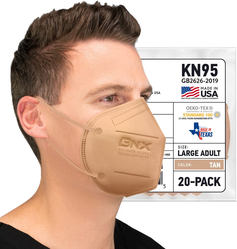 BNX 20-Pack KN95 E95 Protective Face Mask, Disposable Particulate Mask Made in USA, Protection Against Dust, Pollen and Haze, Tan (20 Pack) (Earloop) (Model: E95) Adult Large