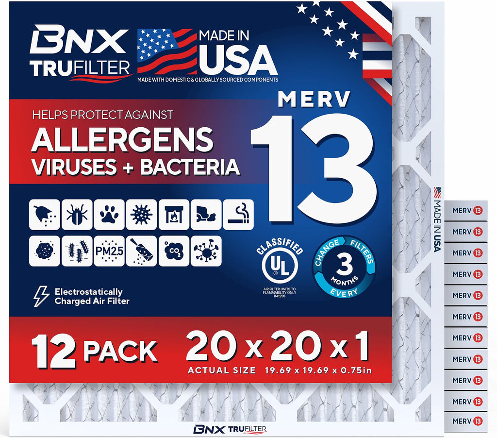 BNX TruFilter 20x20x1 Air Filter MERV 13 (12-Pack) - MADE IN USA - Electrostatic Pleated Air Conditioner HVAC AC Furnace Filters for Allergies, Pollen, Mold, Bacteria, Smoke, Allergen, MPR 1900 FPR 10
