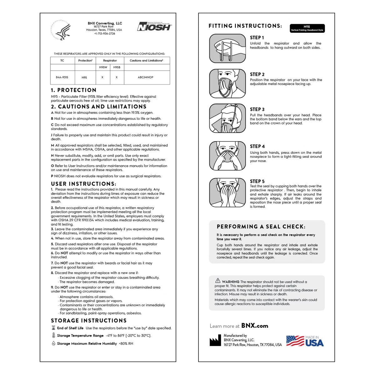 BNX N95 Mask NIOSH Certified MADE IN USA Particulate Respirator Protective Face Mask, Tri-Fold Cup/Fish Style, (20-Pack, Approval Number TC-84A-9362 / Model F95W) White