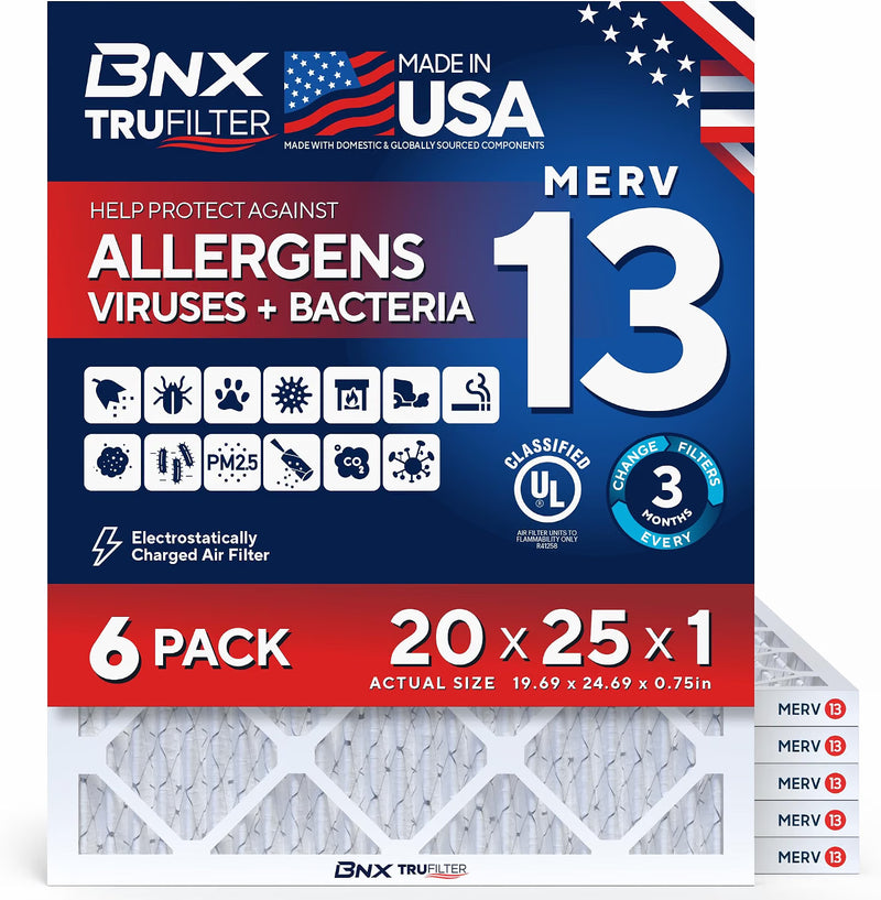BNX TruFilter 20x25x1 MERV 13 Pleated Air Filter - Made in USA - Electrostatic Charged HVAC AC Furnace Filters - Removes Pollen, Mold, Bacteria, Smoke (6 Pack)