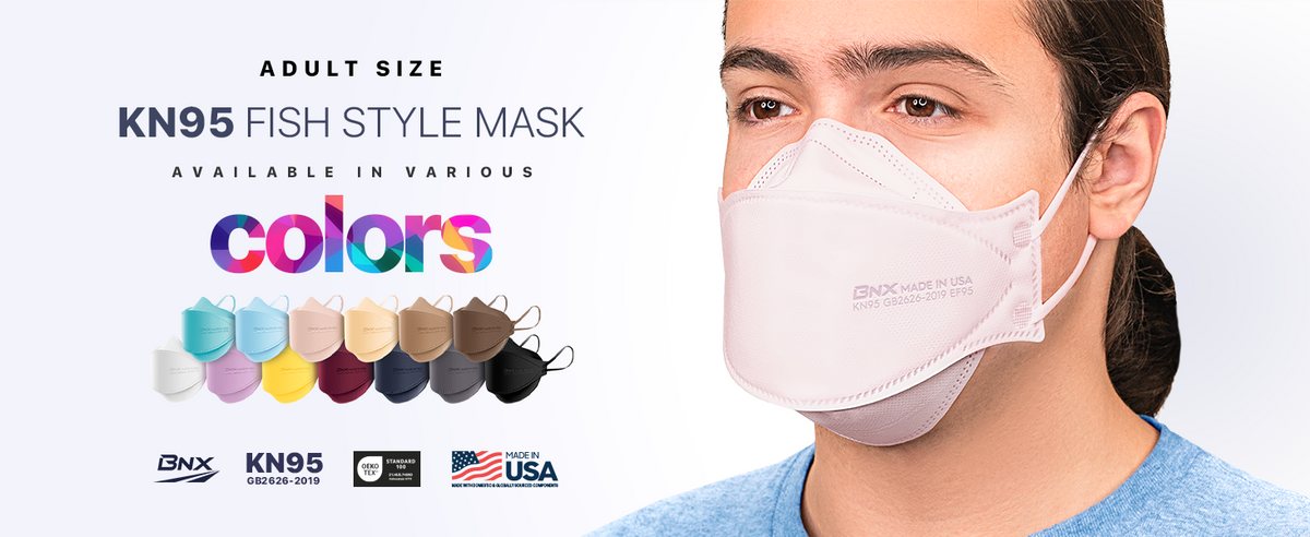 BNX 20-Pack KN95 Face Masks, Disposable Particulate KN95 Mask Made in USA, Tri-Fold Cup/Fish Style, White