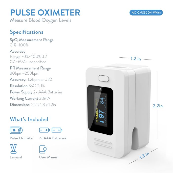 CMS50D4 Finger Pulse Oximeter Blood Oxygen SpO2 Sports and Aviation Monitor - White