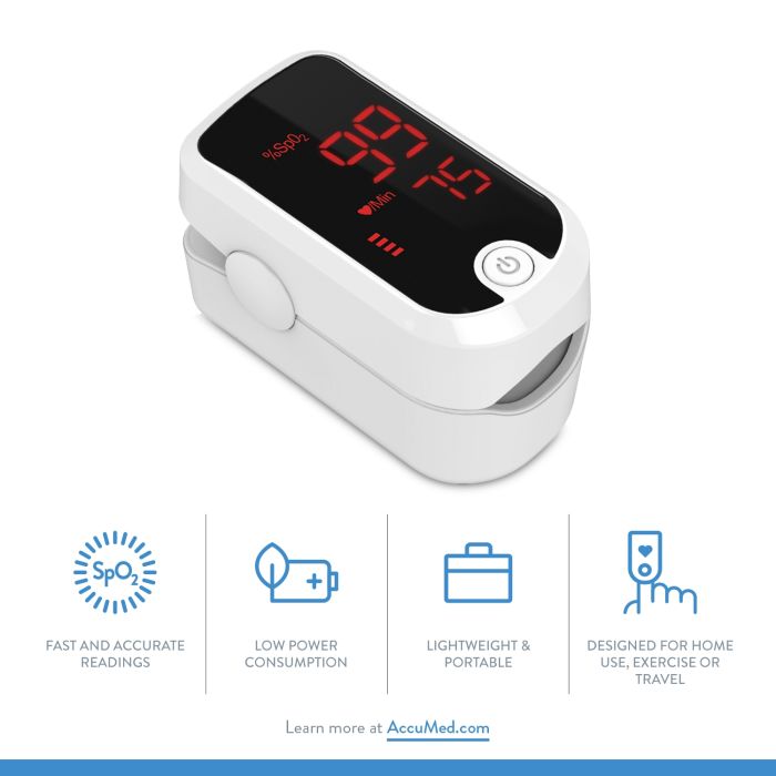 AccuMed AC-FS10E Finger Pulse Oximeter Blood Oxygen SpO2 Sports and Aviation Monitor - White