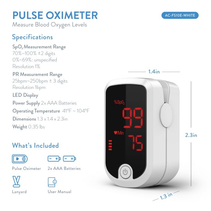 AccuMed AC-FS10E Finger Pulse Oximeter Blood Oxygen SpO2 Sports and Aviation Monitor - White