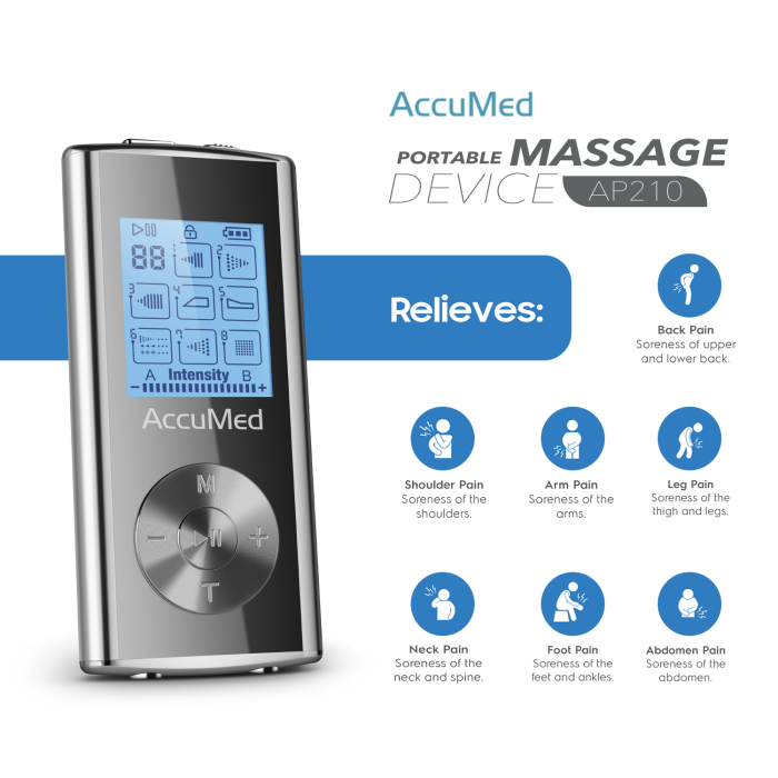 AccuMed Rechargeable Tens Unit Muscle Stimulator EMS Electronic Pulse Massager Stim Machine for Physical Therapy Back and Neck Pain Relief Portable Electric Tinge Electro-Therapy 8 Modes (AP210)