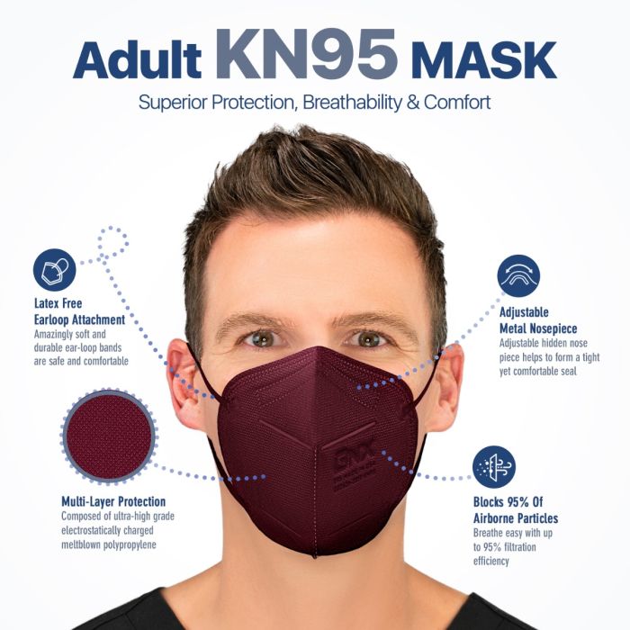 BNX 20-Pack KN95 E95 Protective Face Mask, Disposable Particulate Mask Made in USA, Protection Against Dust, Pollen and Haze, Red (20 Pack) (Earloop) (Model: E95) Adult Large
