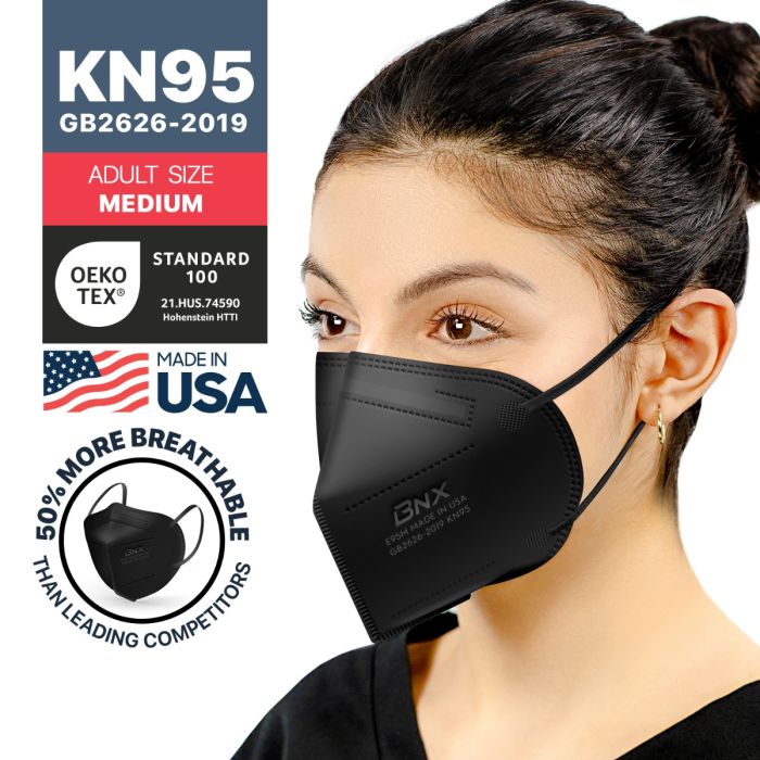 BNX 20-Pack KN95 E95M Protective Face Mask, Disposable Particulate Mask Made in USA, Protection Against Dust, Pollen and Haze, Black (20 Pack) (Earloop) (Model: E95M)