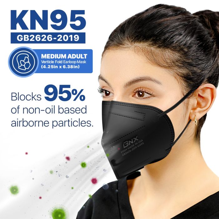 BNX 20-Pack KN95 E95M Protective Face Mask, Disposable Particulate Mask Made in USA, Protection Against Dust, Pollen and Haze, Black (20 Pack) (Earloop) (Model: E95M)