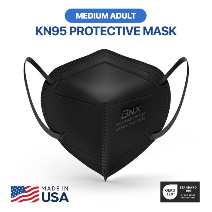 BNX 20-Pack KN95 E95M Protective Face Mask, Disposable Particulate Mask Made in USA, Protection Against Dust, Pollen and Haze, Black (20 Pack) (Earloop) (Model: E95M)